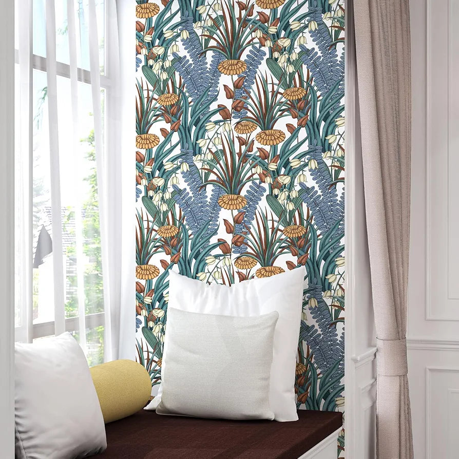 Boho Floral Peel and Stick Wallpaper, Vintage Botanical Contact Paper, Self Adhesive Wall Mural 17.5" x 118" Tropical Wall Paper Waterproof Removable for Bedroom Walls Cabinet 