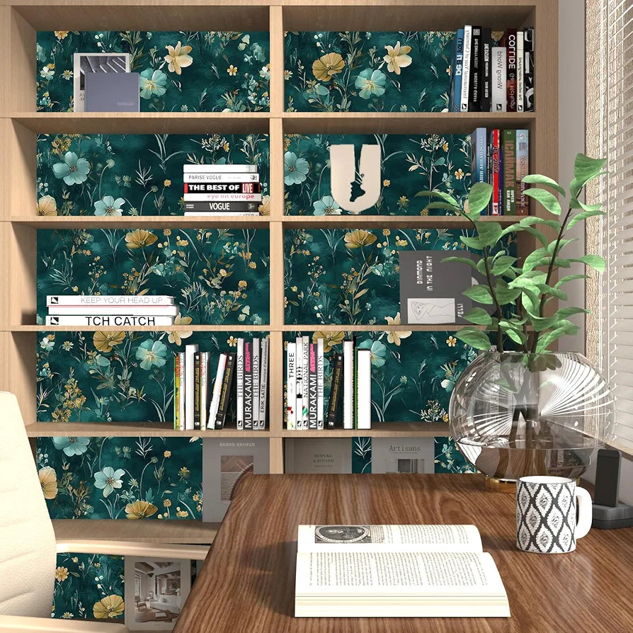 Teal/Blue/Yellow Floral Peel and Stick Wallpaper Boho Wallpaper 17.5"x118" Vintage Wildflowers Contact Paper Waterproof Self Adhesive Modern Stick on Wall Paper for Bedroom Walls Table Cabinet