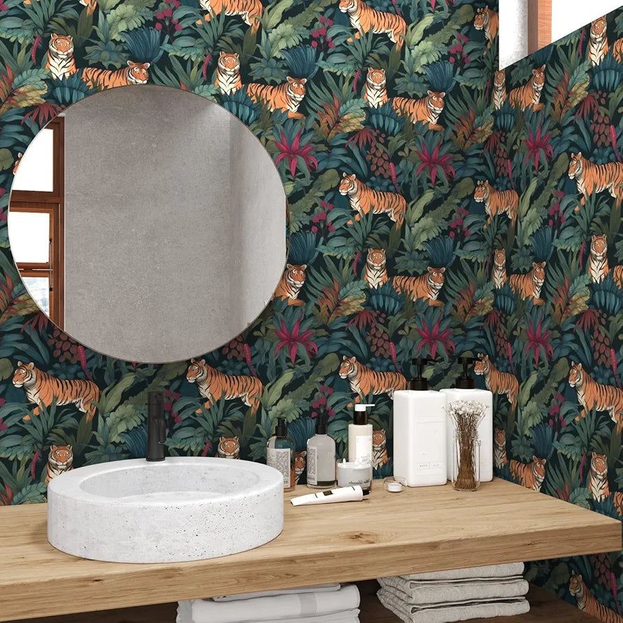 Tropical Tiger Wallpaper Peel and Stick Boho Wallpaper 17.5 x 118In Green Leaf Contact Paper Vinyl Removable Self-Adhesive Jungle Animal Vintage Floral Wall Paper for Drawer Bedroom Countertop