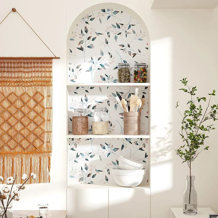 Vintage Leaf Wallpaper Peel and Stick Boho Wallpaper Blue/Pink Leaves Floral Contact Paper Vinyl Waterproof Self Adhesive Modern Leaf Wall Paper for Kitchen Cabinet Table Drawer 17in X 9.8ft