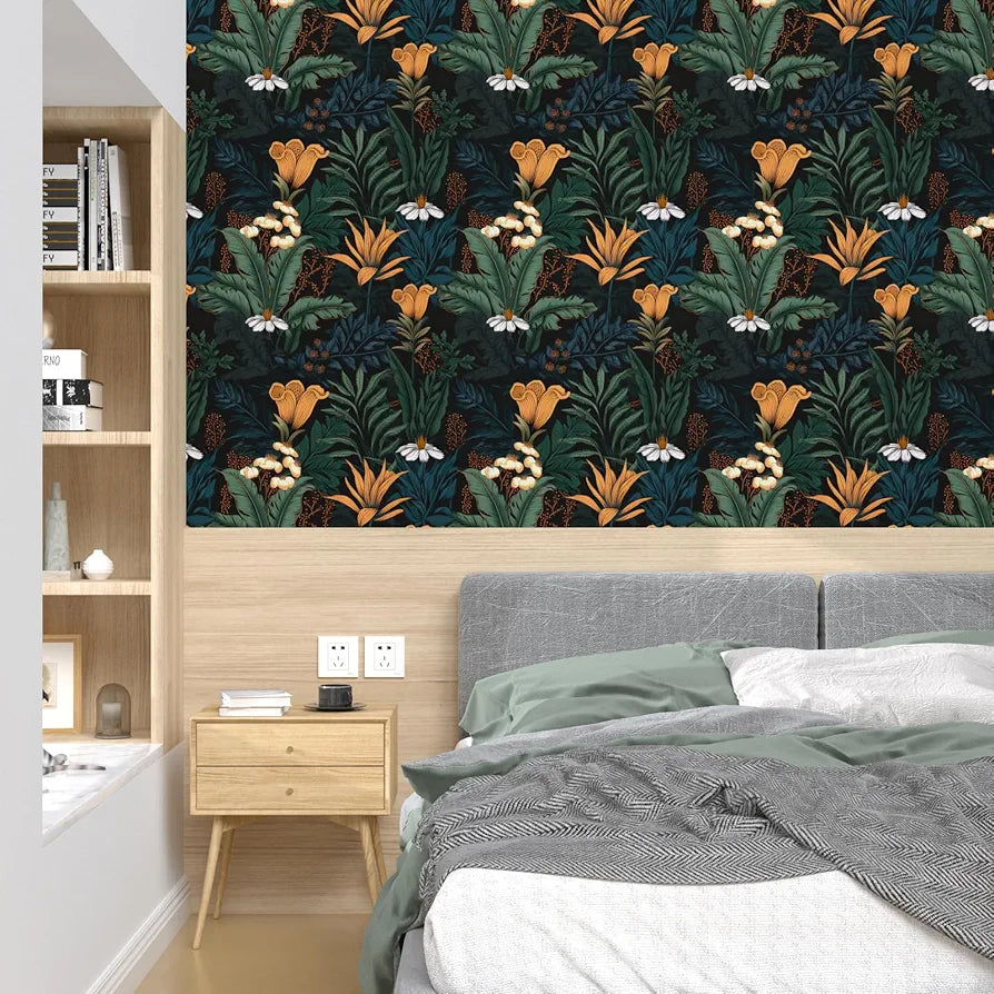 Boho Wallpaper Peel and Stick Dark Floral Contact Paper 17.5" x 118" Waterproof Self Adhesive Vintage Botanical Leaf Wall Paper for Bedroom Walls Cabinets Stairs