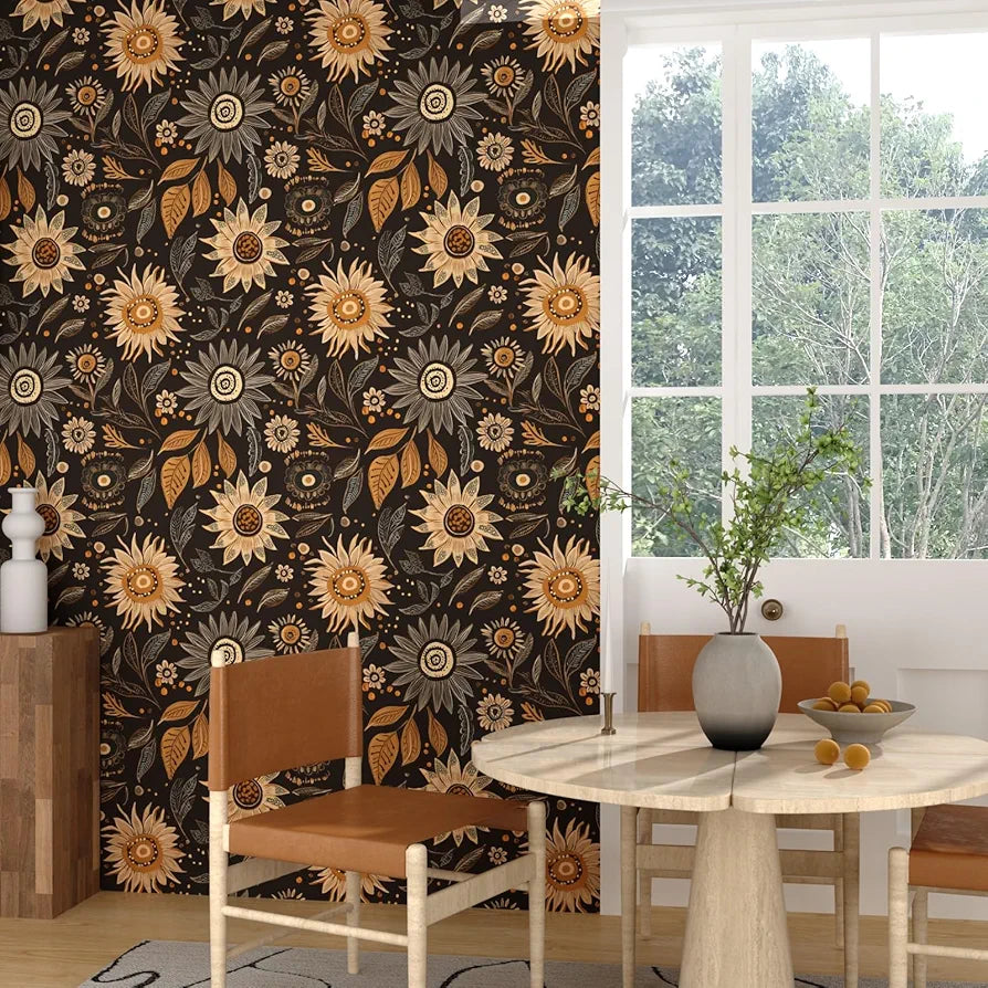 Dark Wallpaper Peel and Stick Boho Wallpaper for Bedroom Black Floral Contact Paper Waterproof Self Adhesive Vintage Wall Mural Walls Drawers Bookcase 17.5in x118in