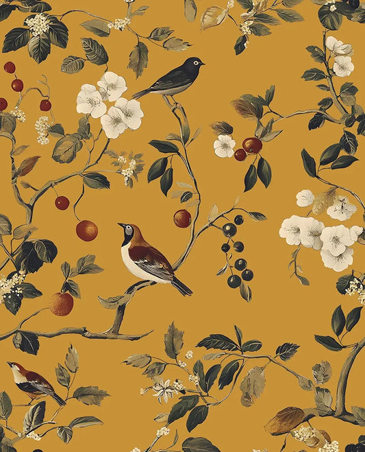 Vintage Bird Wallpaper 17.5"x118" Yellow Chinoiserie Floral Wallpaper Peel and Stick Removable Waterproof Self Adhesive Boho Wall Paper Floral Contact Paper for Bedroom Walls Cabinet Locker