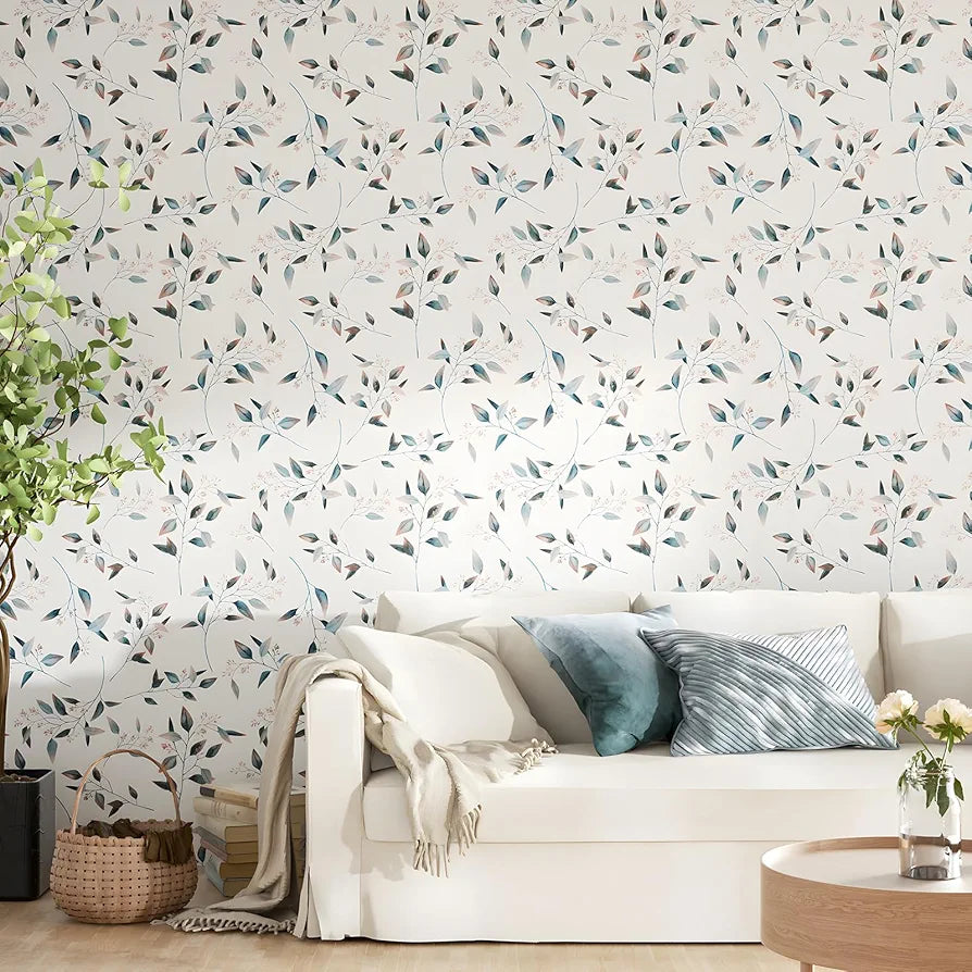 Vintage Leaf Wallpaper Peel and Stick Boho Wallpaper Blue/Pink Leaves Floral Contact Paper Vinyl Waterproof Self Adhesive Modern Leaf Wall Paper for Kitchen Cabinet Table Drawer 17in X 9.8ft