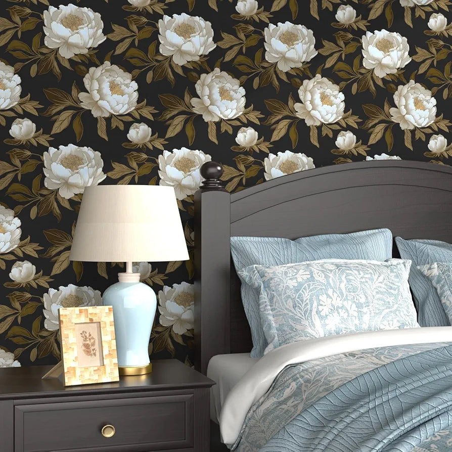 Peony Floral Wallpaper Peel and Stick Gold Leaf Contact Paper Modern Floral Wallpaper Self Adhesive Waterproof Boho Botanical Wall Paper for Room Shelves Cabinet Drawer Table Decor 17.5"x118"