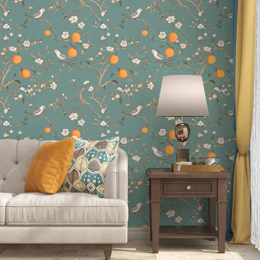 Green Floral Wallpaper Peel and Stick, Birds Contact Paper Orange Fruits,White Flowers Botanical Boho Wall Paper Self Adhesive Waterproof Removable for Room Shelves Cabinet Drawer Table 17.5" x 118"
