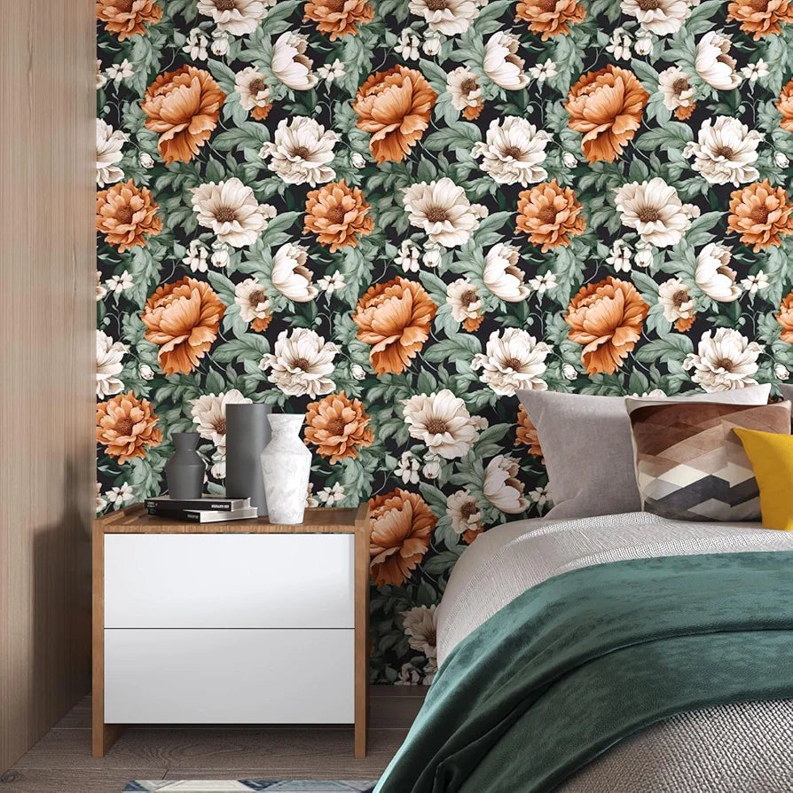 Floral Wallpaper Peel and Stick, Vintage Large Blooming Flowers Contact Paper 17.5" x 118", Retro Wall Paper Self Adhesive Removable Waterproof for Room Walls Shelves Cabinet Table 