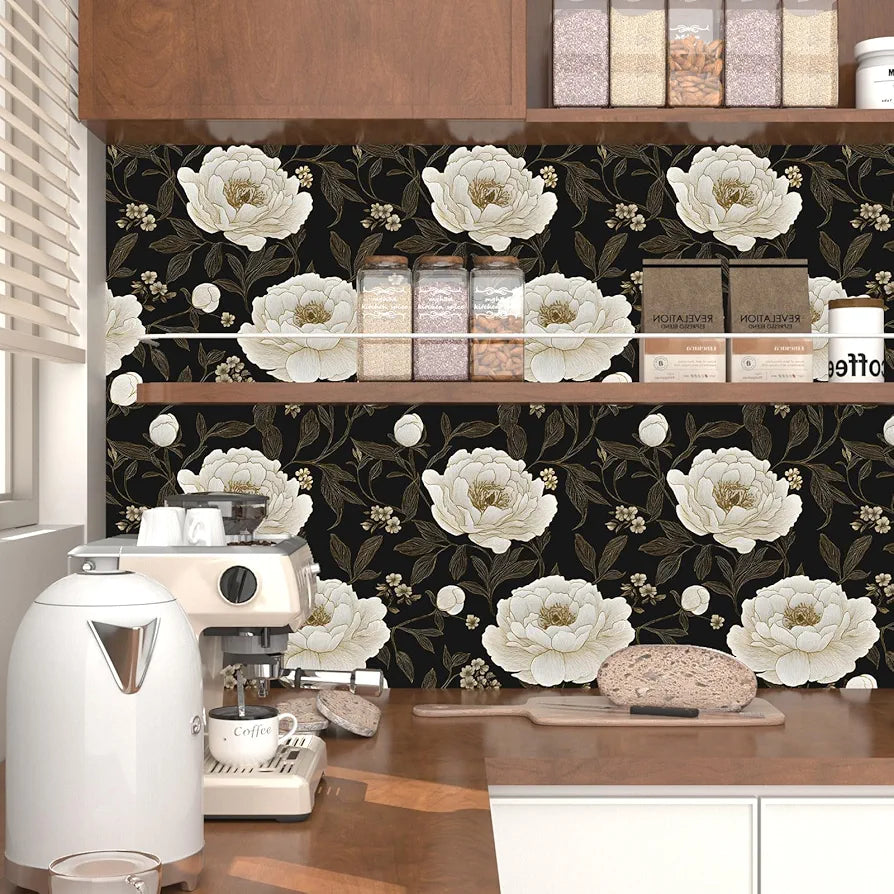 Floral Wallpaper Peel and Stick White Peony Flowers Contact Paper 17.5" x 118" Dark Botanical Wall Paper Waterproof Self Adhesive Removable for Bedroom Shelves Cabinet Drawer Decor