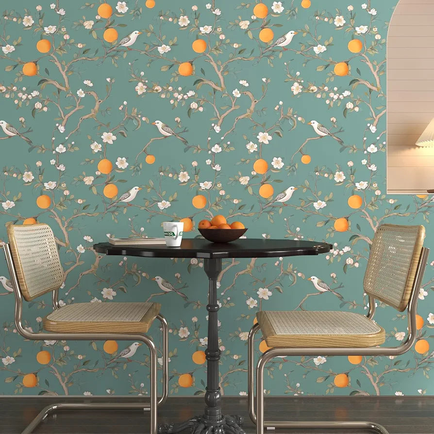 Green Floral Wallpaper Peel and Stick, Birds Contact Paper Orange Fruits,White Flowers Botanical Boho Wall Paper Self Adhesive Waterproof Removable for Room Shelves Cabinet Drawer Table 17.5" x 118"