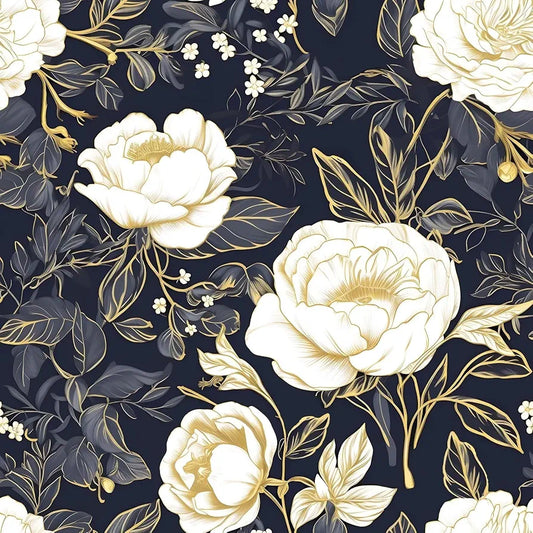 Boho White Gold Floral Wallpaper Peel and Stick Dark Blue Contact Paper 17.5“x118” Vinyl Waterproof Self Adhesive Botanical Wall Paper for Cabinet Drawer Walls Bathroom