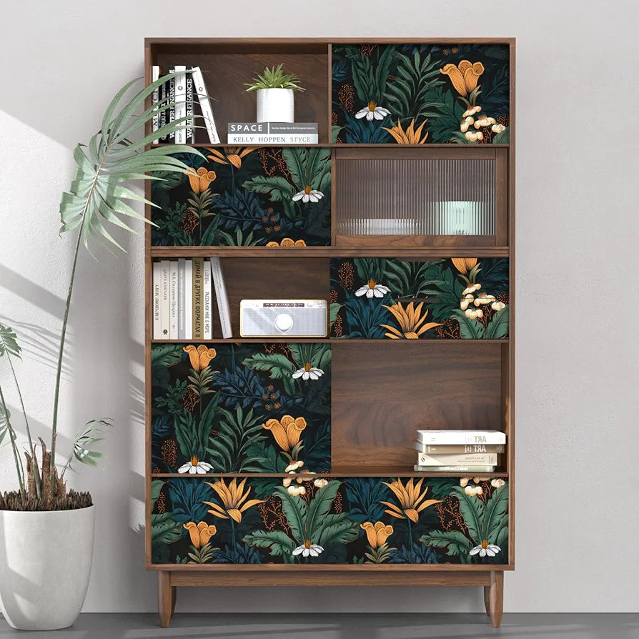 Boho Wallpaper Peel and Stick Dark Floral Contact Paper 17.5" x 118" Waterproof Self Adhesive Vintage Botanical Leaf Wall Paper for Bedroom Walls Cabinets Stairs