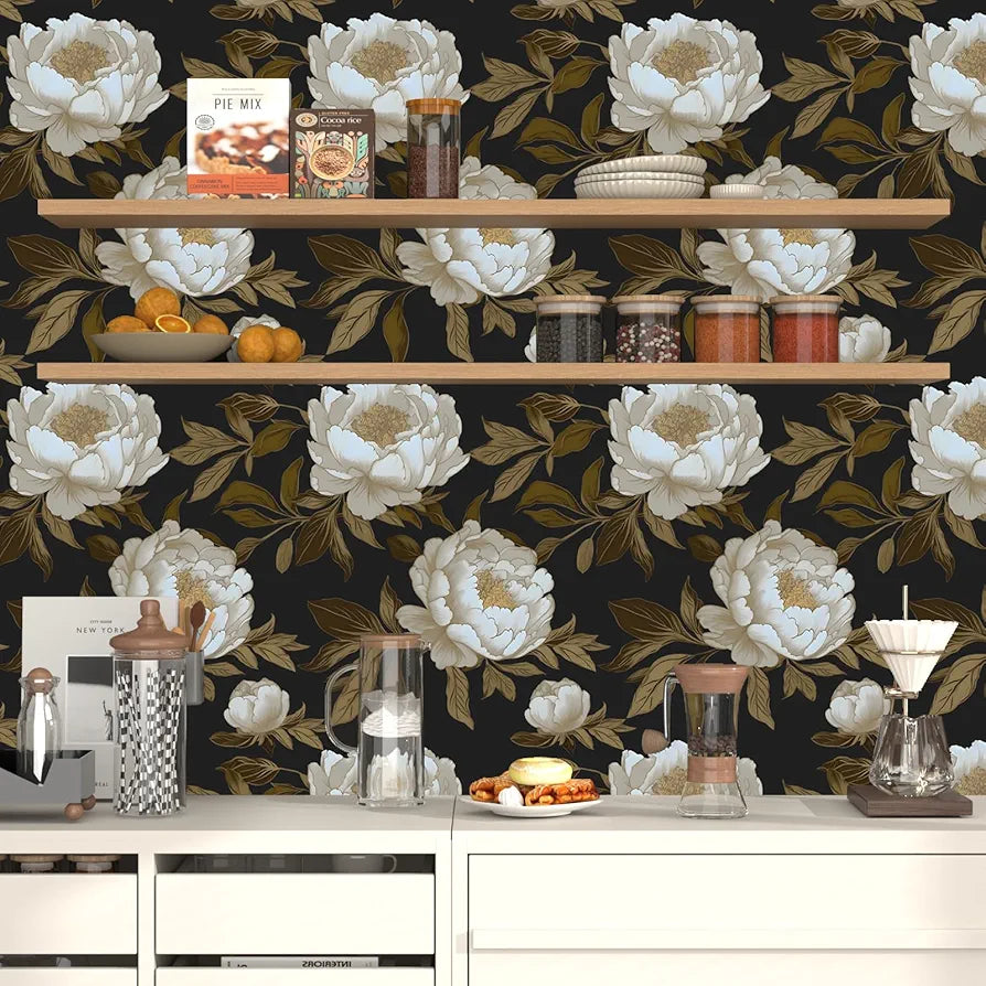 Peony Floral Wallpaper Peel and Stick Gold Leaf Contact Paper Modern Floral Wallpaper Self Adhesive Waterproof Boho Botanical Wall Paper for Room Shelves Cabinet Drawer Table Decor 17.5"x118"