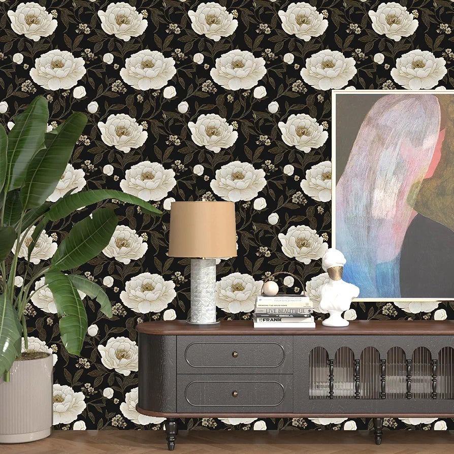 Floral Wallpaper Peel and Stick White Peony Flowers Contact Paper 17.5" x 118" Dark Botanical Wall Paper Waterproof Self Adhesive Removable for Bedroom Shelves Cabinet Drawer Decor