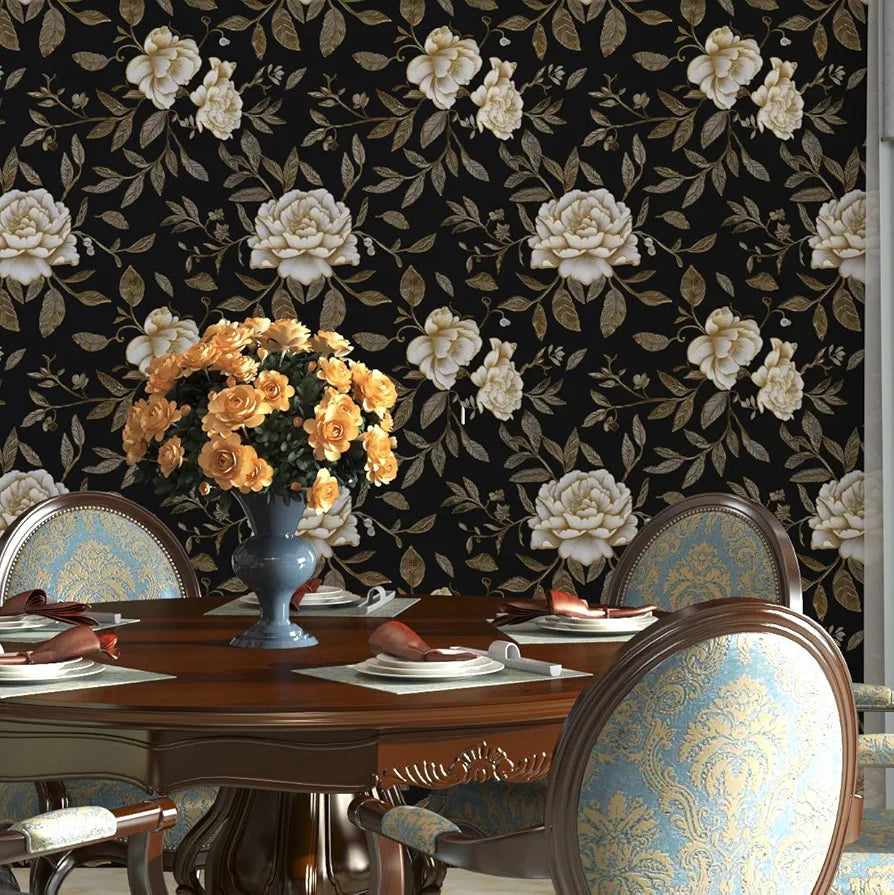 Floral Wallpaper Peel and Stick, Black/Golden/White Peony Flowers Contact Paper, Botanical Wall Paper Self Adhesive Waterproof Removable for Room Shelves Cabinet Drawer Table Decor 17.5" x 118"