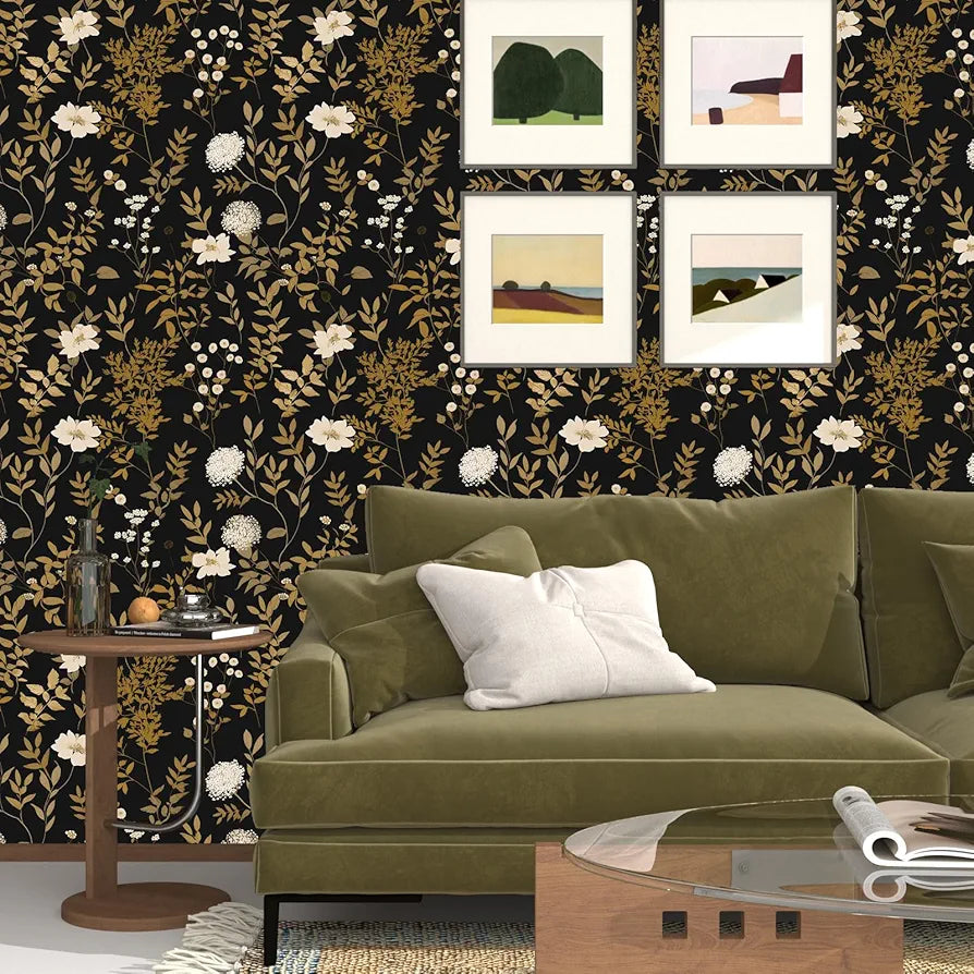 Dark Floral Peel and Stick Wallpaper 17.5in x118in Vintage Black Gold Leaf Wallpaper Vinyl Waterproof Self-Adhesive Boho Botanical Wall Paper Mural for Kitchen Countertop Locker Walls