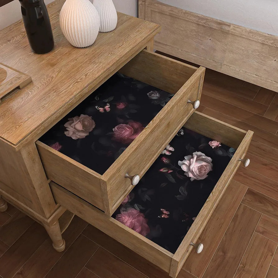 Dark Pink Floral Wallpaper Peel and Stick Pink Rose Flowers Contact Paper Black Floral Wallpaper Boho Wall Paper Self Adhesive Waterproof Removable for Room Shelves Cabinet Drawer Table 17.5" x 118"