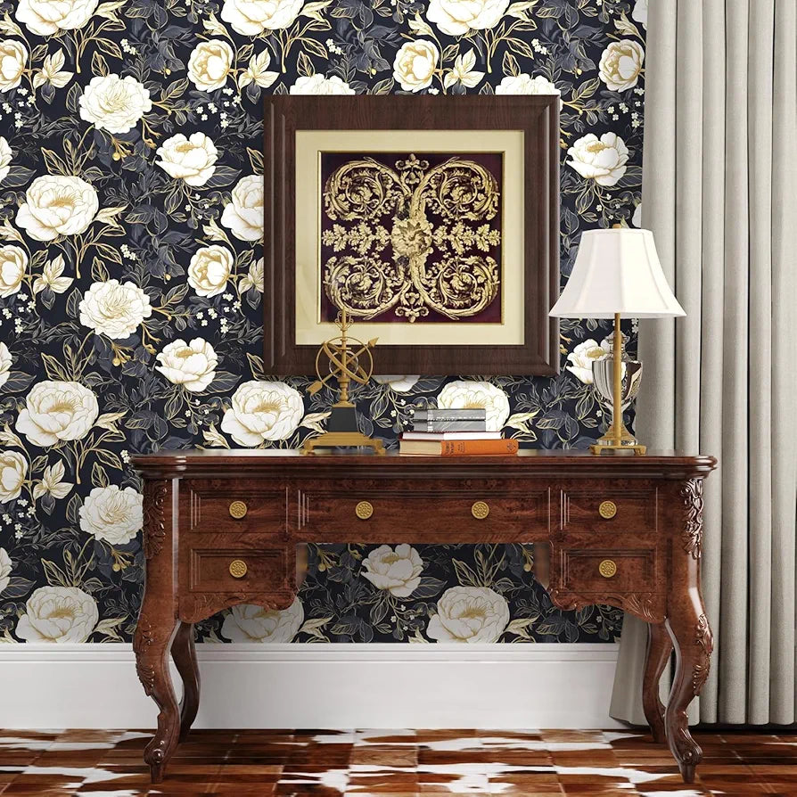 Boho White Gold Floral Wallpaper Peel and Stick Dark Blue Contact Paper 17.5“x118” Vinyl Waterproof Self Adhesive Botanical Wall Paper for Cabinet Drawer Walls Bathroom