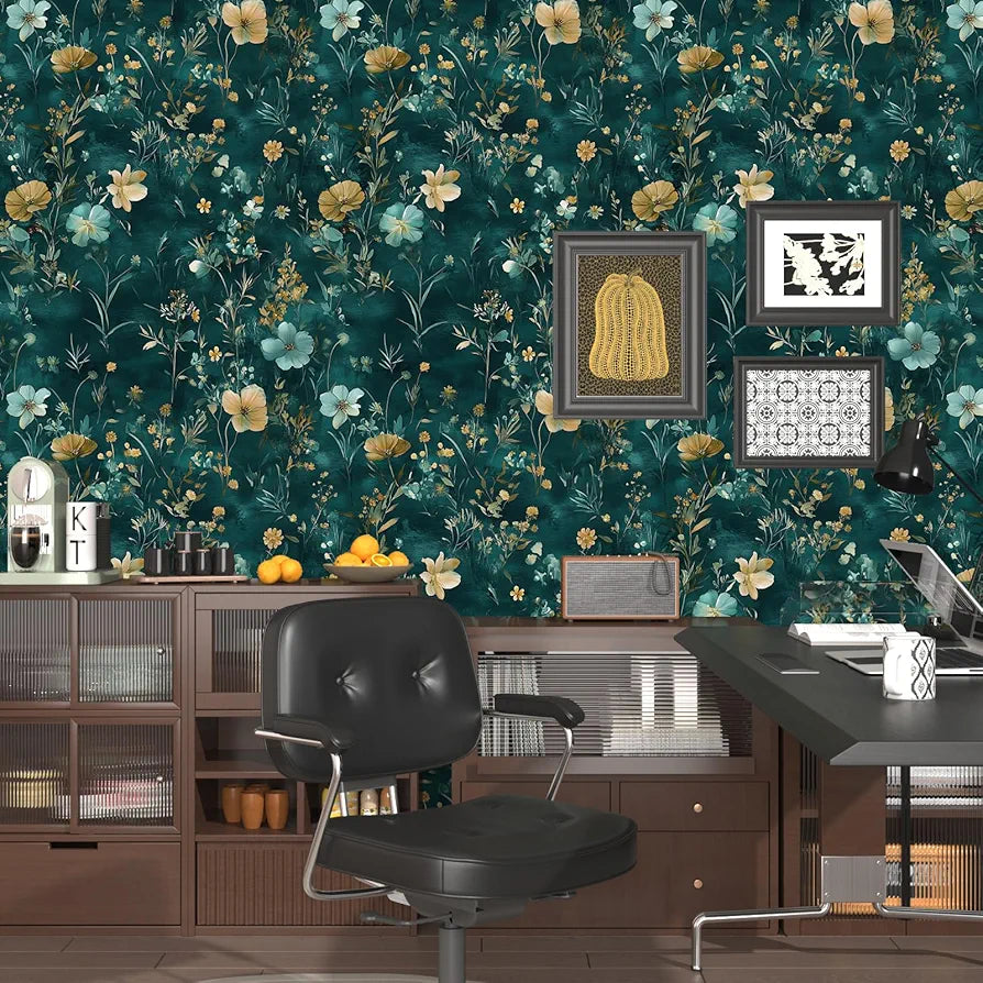 Teal/Blue/Yellow Floral Peel and Stick Wallpaper Boho Wallpaper 17.5"x118" Vintage Wildflowers Contact Paper Waterproof Self Adhesive Modern Stick on Wall Paper for Bedroom Walls Table Cabinet