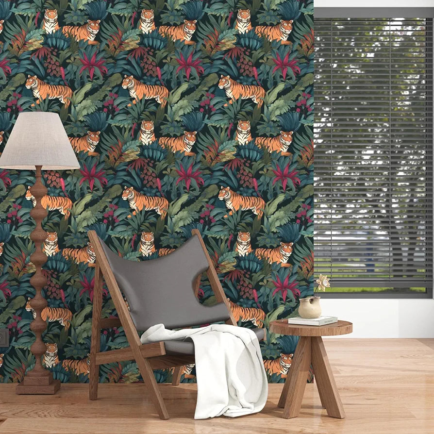 Tropical Tiger Wallpaper Peel and Stick Boho Wallpaper 17.5 x 118In Green Leaf Contact Paper Vinyl Removable Self-Adhesive Jungle Animal Vintage Floral Wall Paper for Drawer Bedroom Countertop