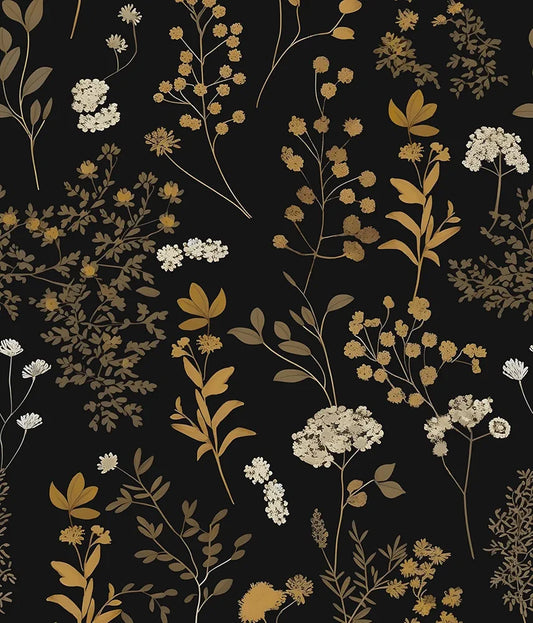 Vintage Floral Wallpaper Peel and Stick, Black Gold Botanical Contact Paper, 17.5" x 118" Dark Golden Antique Boho Wall Paper Self Adhesive Removable Waterproof for Bedroom Cabinet Drawer Table Decor