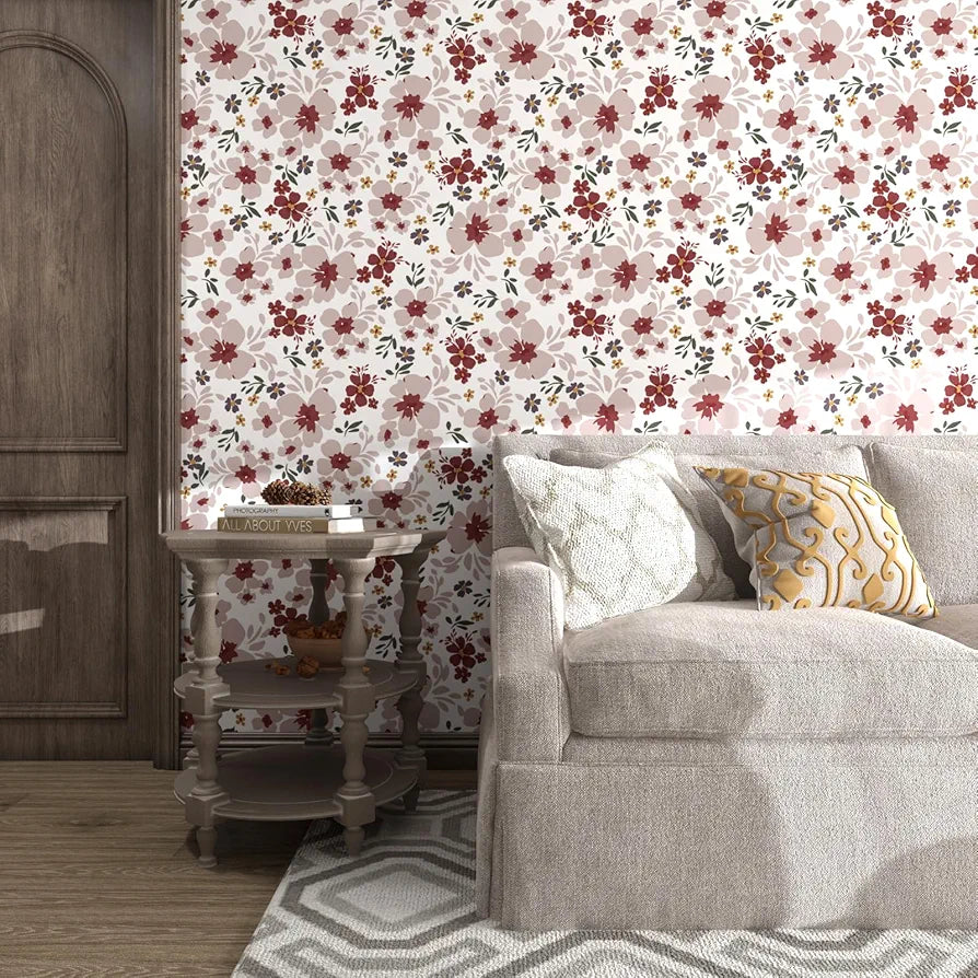 Floral Wallpaper Peel and Stick 17.5" x 118" Red Flower Contact Paper, Self-Adhesive Removable Wallpaper, Waterproof, Vinyl Shivering Wall Covering for Bedroom Cabinet Countertop Decor
