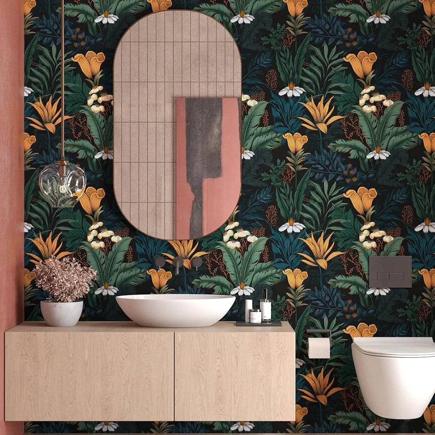 Boho Wallpaper Peel and Stick Dark Floral Contact Paper 17.5" x 118" Waterproof Self Adhesive Vintage Botanical Leaf Wall Paper for Bedroom Walls Cabinets Stairs