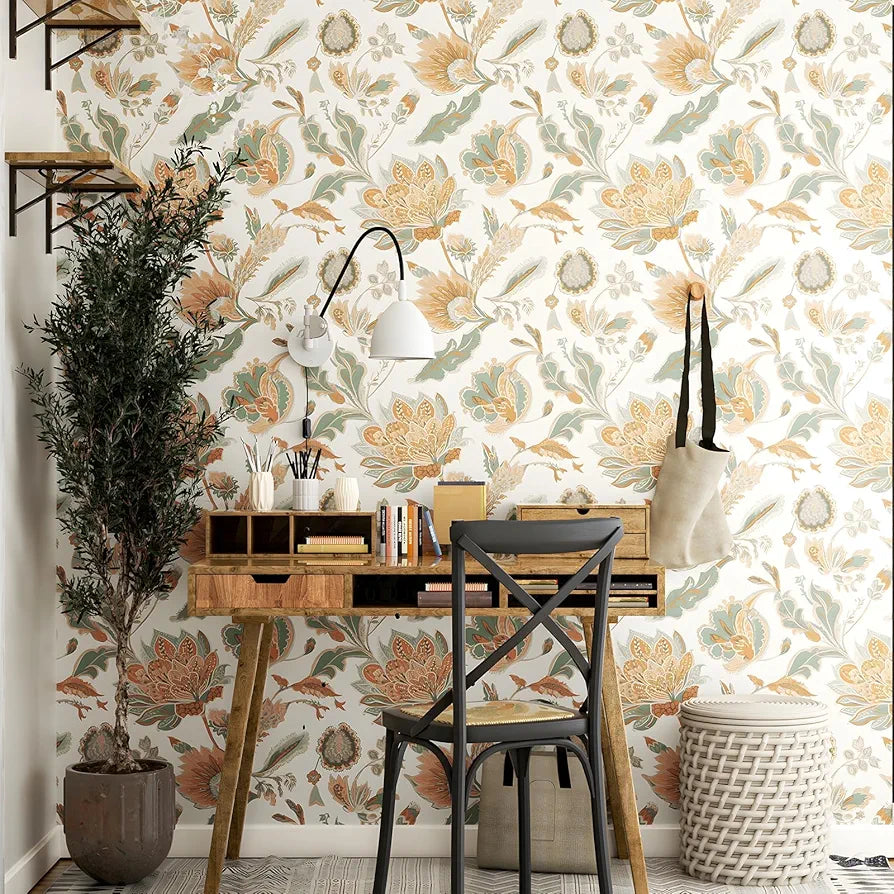 Boho Wallpaper Peel and Stick Modern Floral Contact Paper Vinyl Waterproof Self-Adhesive Botanical Vintage Wall Paper for Walls Mural Drawers Cabinet 17.5in x 118in