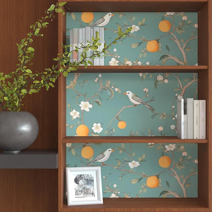 Green Floral Wallpaper Peel and Stick, Birds Contact Paper Orange Fruits,White Flowers Botanical Boho Wall Paper Self Adhesive Waterproof Removable for Room Shelves Cabinet Drawer Table 17.5" x 118"