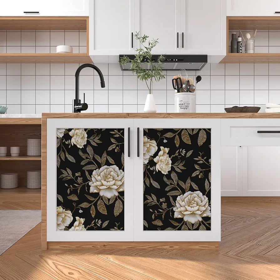 Floral Wallpaper Peel and Stick, Black/Golden/White Peony Flowers Contact Paper, Botanical Wall Paper Self Adhesive Waterproof Removable for Room Shelves Cabinet Drawer Table Decor 17.5" x 118"