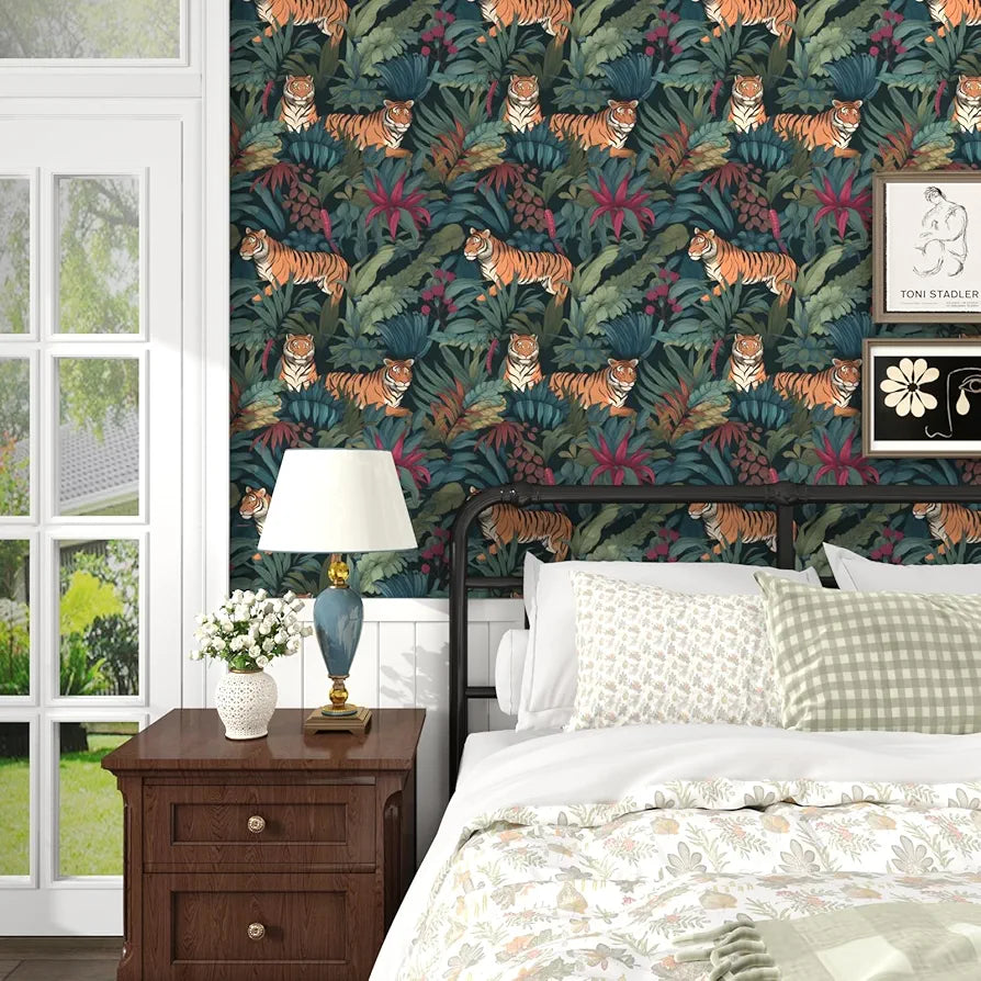Tropical Tiger Wallpaper Peel and Stick Boho Wallpaper 17.5 x 118In Green Leaf Contact Paper Vinyl Removable Self-Adhesive Jungle Animal Vintage Floral Wall Paper for Drawer Bedroom Countertop