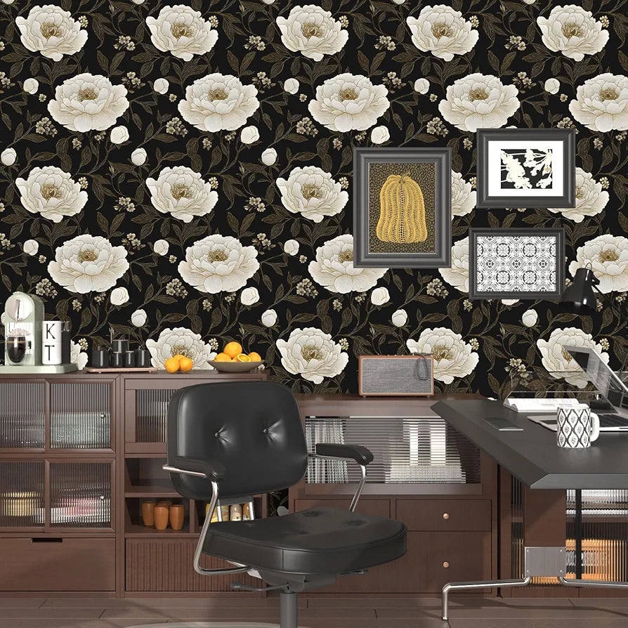 Floral Wallpaper Peel and Stick White Peony Flowers Contact Paper 17.5" x 118" Dark Botanical Wall Paper Waterproof Self Adhesive Removable for Bedroom Shelves Cabinet Drawer Decor