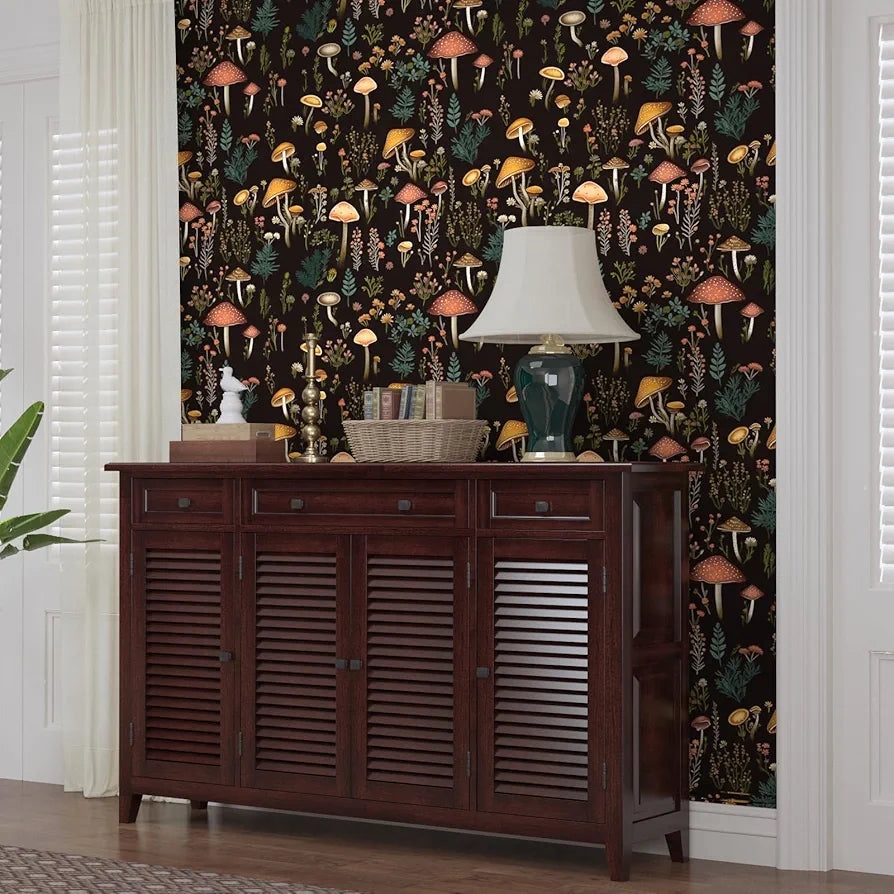 Boho Mushroom Wallpaper Peel and Stick Floral Contact Paper 17.5in x 9.8ft Mural Vinyl Self Adhesive Removable Waterproof Vintage Botanical Wall Paper for Kid’s Room Walls Cabinets