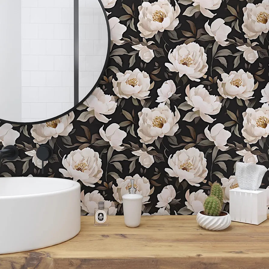 Floral Wallpaper Peel and Stick, Black/Beige Contact Paper Large Peony Flowers 17.5" x 118", Vintage Wall Paper Mural Self Adhesive Removable Waterproof for Room Bedroom Shelves Cabinet Drawer Table