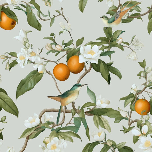 Floral Wallpaper Peel and Stick, Beige/Orange/Green Bird Leaf Contact Paper 17.5in x 118in, Self Adhesive Waterproof Removable Vintage Botanical Wall Paper Mural for Shelves Cabinet Table Drawer Decor