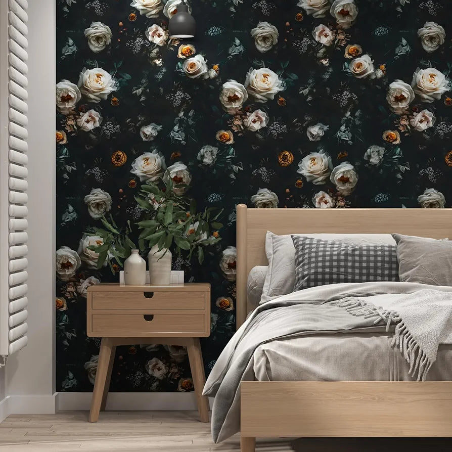 Black Floral Wallpaper Peel and Stick, White Golden Rose Flowers Contact Paper 17.5" x 118", Dark Botanical Wall Paper Removable Self Adhesive Waterproof for Room Shelves Cabinet Drawer Table Decor