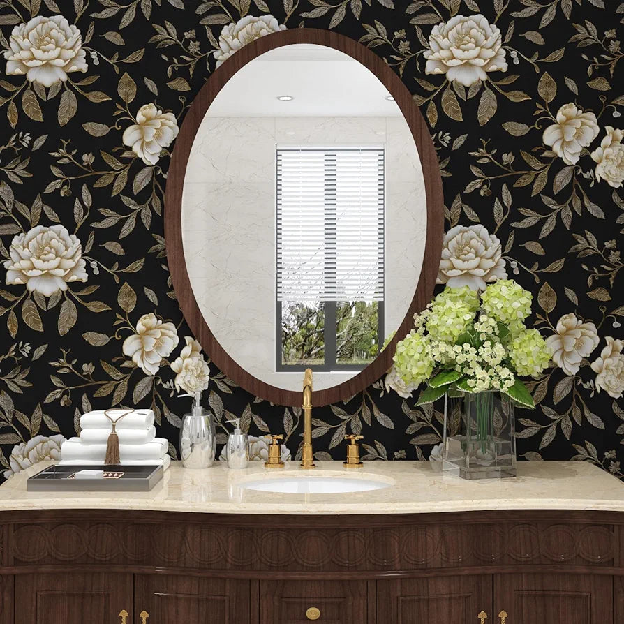 Floral Wallpaper Peel and Stick, Black/Golden/White Peony Flowers Contact Paper, Botanical Wall Paper Self Adhesive Waterproof Removable for Room Shelves Cabinet Drawer Table Decor 17.5" x 118"