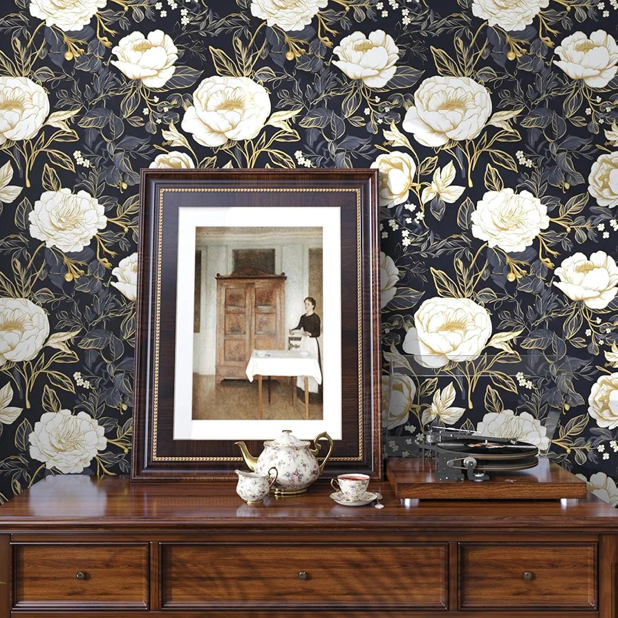 Boho White Gold Floral Wallpaper Peel and Stick Dark Blue Contact Paper 17.5“x118” Vinyl Waterproof Self Adhesive Botanical Wall Paper for Cabinet Drawer Walls Bathroom