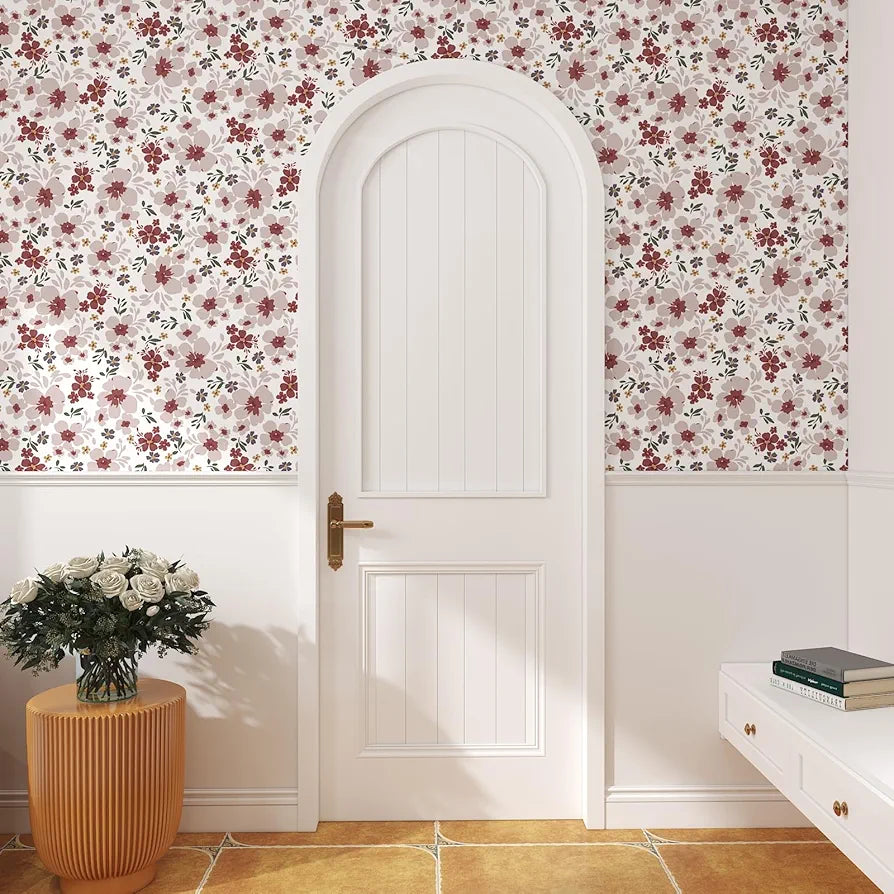 Floral Wallpaper Peel and Stick 17.5" x 118" Red Flower Contact Paper, Self-Adhesive Removable Wallpaper, Waterproof, Vinyl Shivering Wall Covering for Bedroom Cabinet Countertop Decor