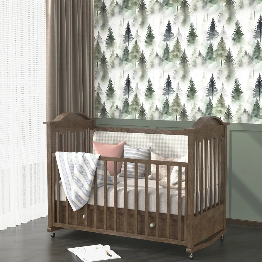 Foggy Forest Wallpaper Peel and Stick Misty Woodland Wall Mural Green Tree Contact Paper Waterproof Self-Adhesive Modern Wall Paper for Bedroom Cabinet Drawer Decor 17.5in x118in