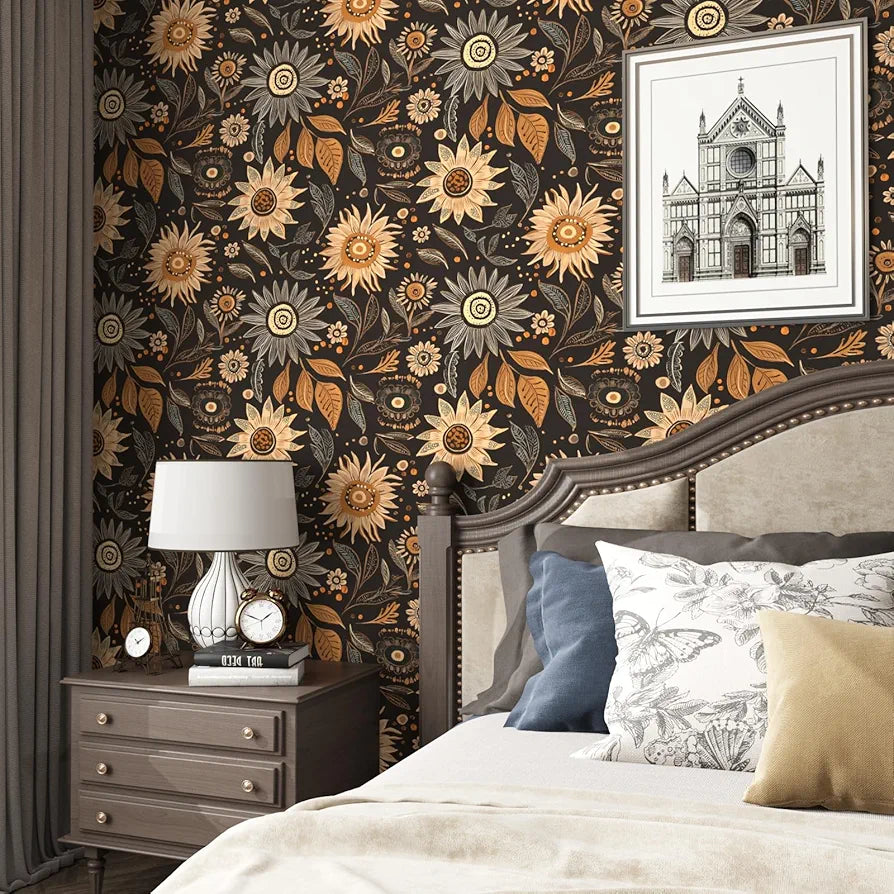 Dark Wallpaper Peel and Stick Boho Wallpaper for Bedroom Black Floral Contact Paper Waterproof Self Adhesive Vintage Wall Mural Walls Drawers Bookcase 17.5in x118in