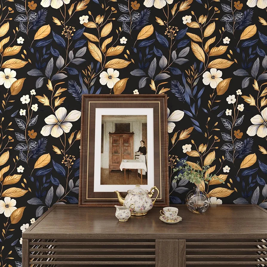 Blue/Gold Leaf Wallpaper Peel and Stick Vintage Dark Floral Wallpaper Waterproof Self Adhesive Removable Boho Wall Paper Modern for Bedroom Walls Drawer Cabinet 17.5in x118in