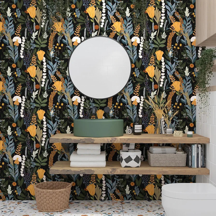 Boho Vintage Floral Wallpaper - Peel and Stick 17.5" x 118" Dark Botanical Contact Paper for Bedroom Walls and Bathroom Cabinets