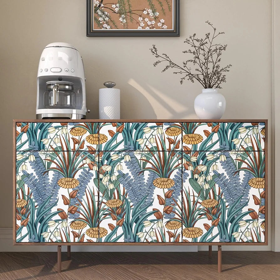 Boho Floral Peel and Stick Wallpaper, Vintage Botanical Contact Paper, Self Adhesive Wall Mural 17.5" x 118" Tropical Wall Paper Waterproof Removable for Bedroom Walls Cabinet 