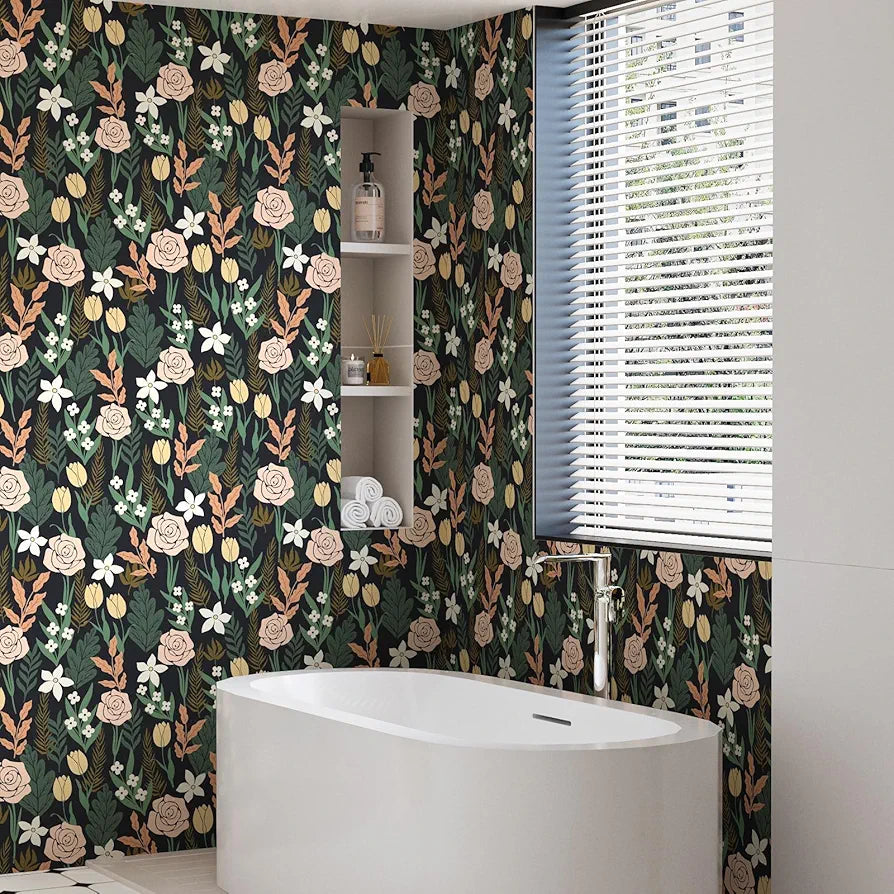 Boho Floral Wallpaper Peel and Stick, Rose Flowers Farmhouse Contact Paper, Black/Pink/Green Botanical Wall Paper Self Adhesive Waterproof Removable for Shelves Cabinet Drawer Table Decor 17.5" x 118"