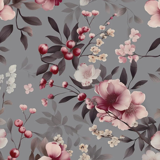 Pink Flowers Wallpaper Peel and Stick, Grey Floral Contact Paper, Vintge Botanical Boho Wall Paper Self Adhesive Waterproof Removable for Room Shelves Cabinet Drawer Table Decor 17.5" x 118"