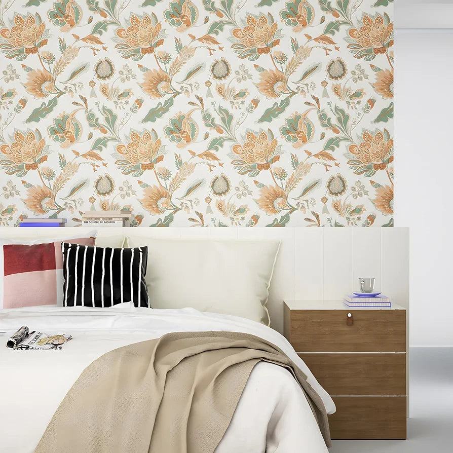 Boho Wallpaper Peel and Stick Modern Floral Contact Paper Vinyl Waterproof Self-Adhesive Botanical Vintage Wall Paper for Walls Mural Drawers Cabinet 17.5in x 118in