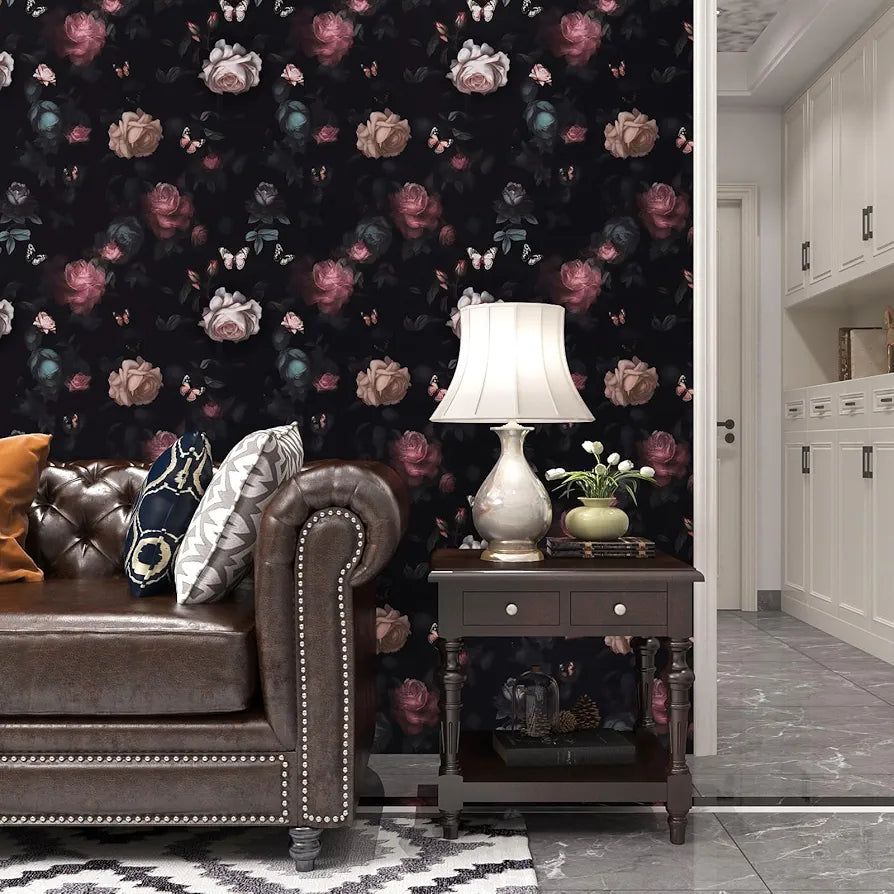 Dark Pink Floral Wallpaper Peel and Stick Pink Rose Flowers Contact Paper Black Floral Wallpaper Boho Wall Paper Self Adhesive Waterproof Removable for Room Shelves Cabinet Drawer Table 17.5" x 118"
