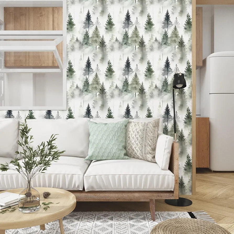 Foggy Forest Wallpaper Peel and Stick Misty Woodland Wall Mural Green Tree Contact Paper Waterproof Self-Adhesive Modern Wall Paper for Bedroom Cabinet Drawer Decor 17.5in x118in