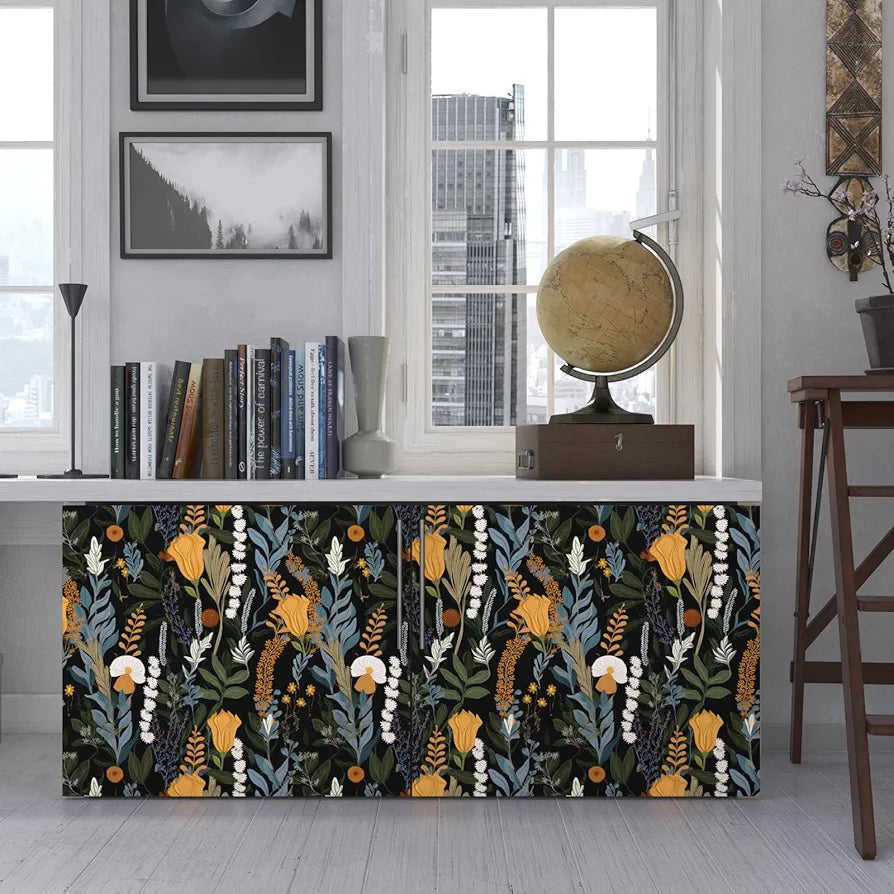 Boho Vintage Floral Wallpaper - Peel and Stick 17.5" x 118" Dark Botanical Contact Paper for Bedroom Walls and Bathroom Cabinets