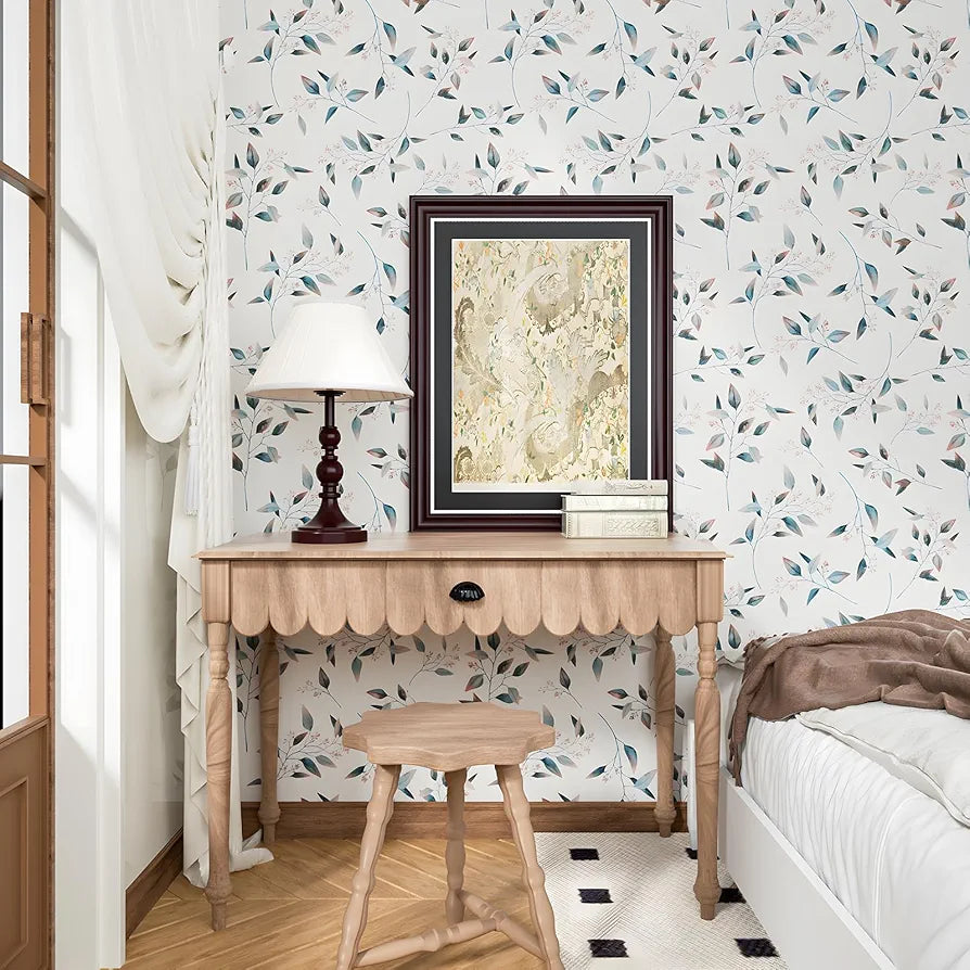 Vintage Leaf Wallpaper Peel and Stick Boho Wallpaper Blue/Pink Leaves Floral Contact Paper Vinyl Waterproof Self Adhesive Modern Leaf Wall Paper for Kitchen Cabinet Table Drawer 17in X 9.8ft